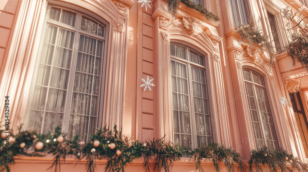 Whimsically Adorned House Facade: A Soft and Charming Display of Delicate Decorations for the Holidays Whimsically Adorned House Facade: A Soft and Charming Display of Delicate Decorations for the Holidays