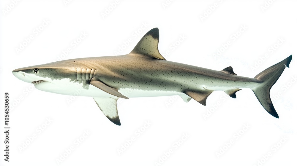 Atlantic sharpnose shark glides effortlessly showcasing its streamlined body and notable features against a stark white background emphasizing its natural beauty. Atlantic sharpnose shark glides effortlessly showcasing its streamlined body and notable features against a stark white background emphasizing its natural beauty.