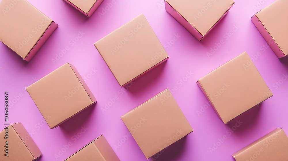 Brown boxes on a pastel lilac background, signifying transportation and delivery. Brown boxes on a pastel lilac background, signifying transportation and delivery.