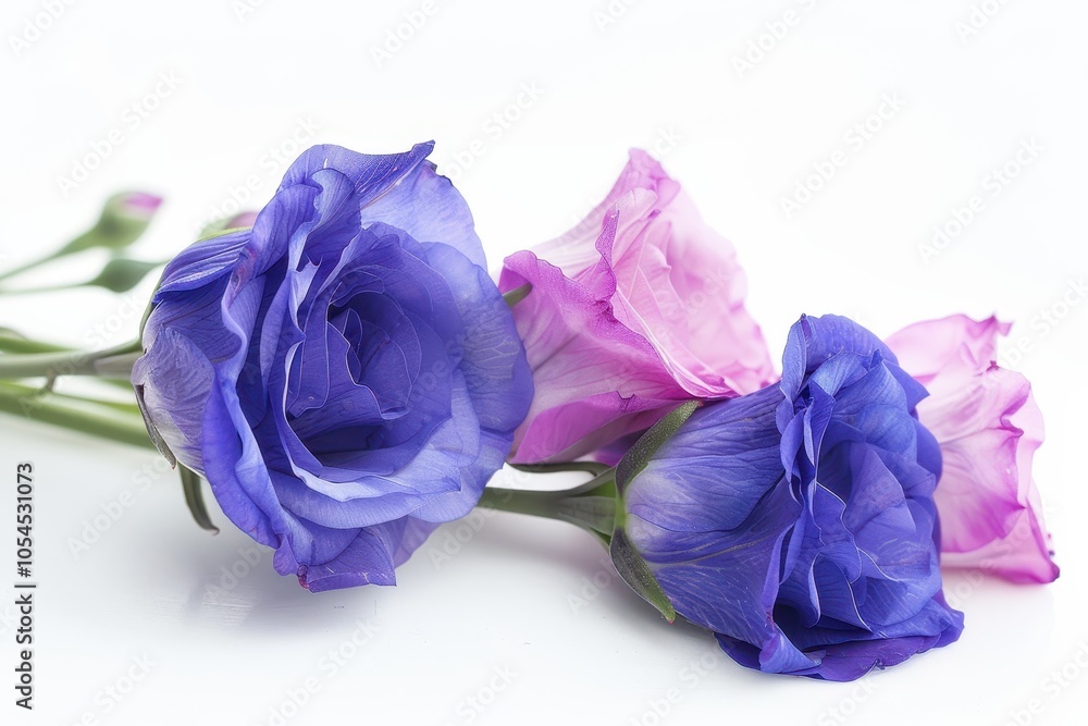 Close up of a blooming branch with dark purple flowers on a table isolated Close up of a blooming branch with dark purple flowers on a table isolated