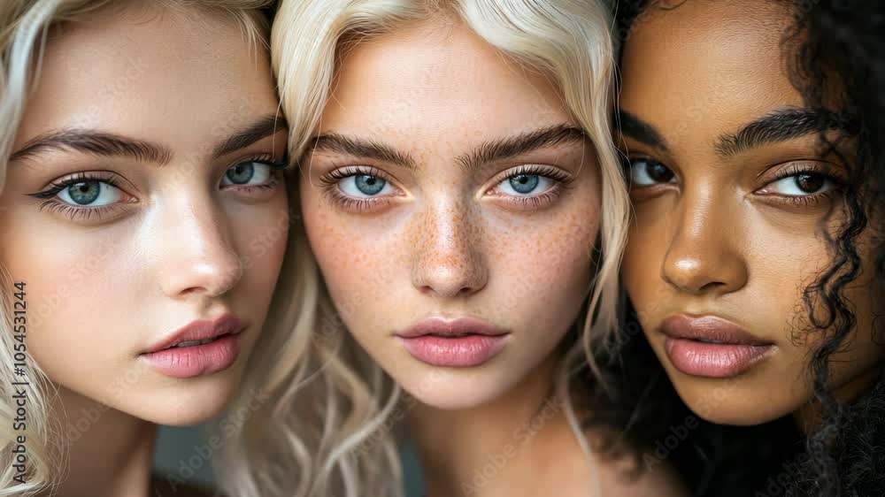 Three women with different skin tones pose closely together for a portrait Three women with different skin tones pose closely together for a portrait