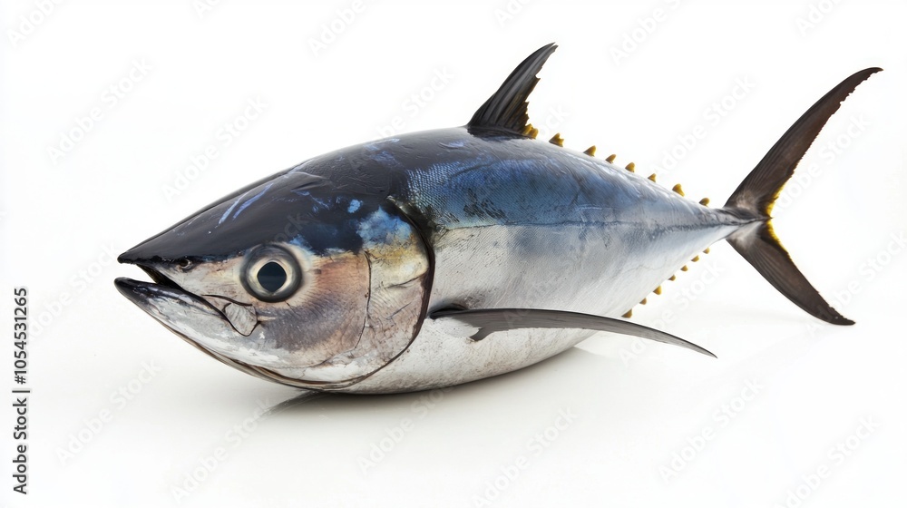 Bigeye Tuna known scientifically Thunnus obesus is prominently showcased on a white background revealing its vibrant colors and robust physique typical of this fish species. Bigeye Tuna known scientifically Thunnus obesus is prominently showcased on a white background revealing its vibrant colors and robust physique typical of this fish species.