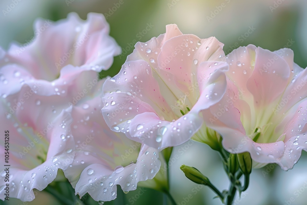 Close up of blooming pinkish white Lisianthus flowers with natural light and water drops in a spring garden Close up of blooming pinkish white Lisianthus flowers with natural light and water drops in a spring garden