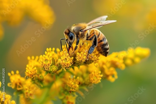 Close up of bee on yellow goldenrod flower collecting nectar