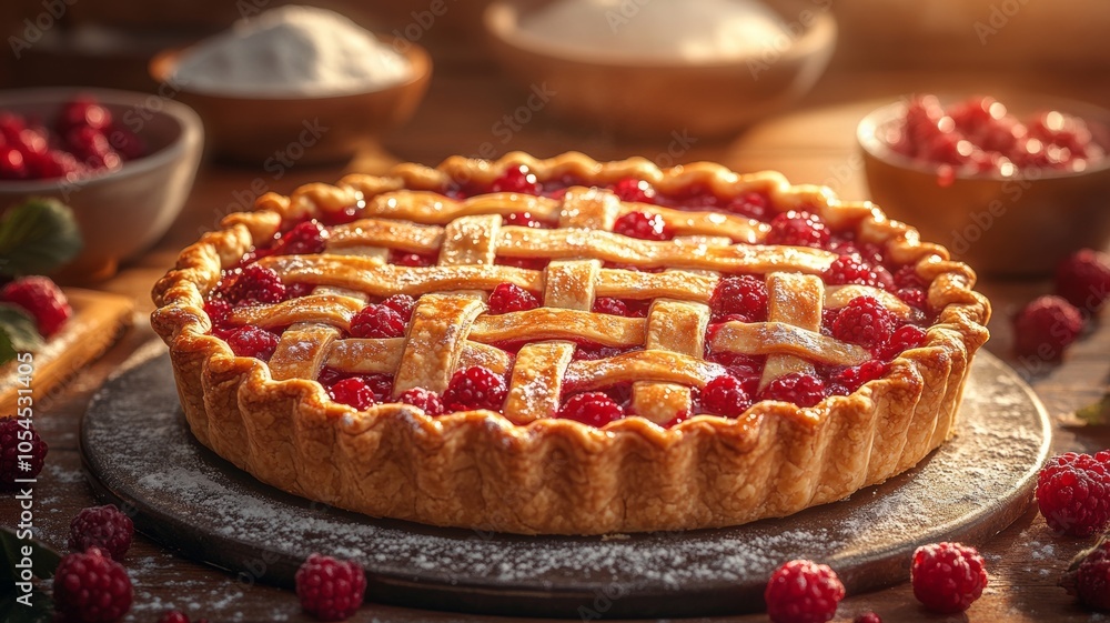 A pie baking scene showing a freshly prepared pie with lattice crust placed on a baking sheet A pie baking scene showing a freshly prepared pie with lattice crust placed on a baking sheet