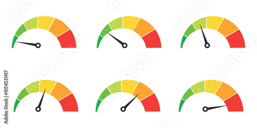 Scale, speedometer, gauge meter icons.  Level of performance. Dashboard with arrows. Speed dial indicator.