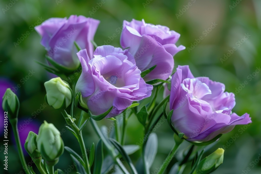 Close up of Lisianthus flowers blooming on green leaves in garden Close up of Lisianthus flowers blooming on green leaves in garden
