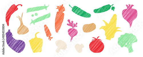 Vegetable crayon hand drawn, cute character scribble set. Tomato, broccoli, carrot, onion, radish, corn, beetroot, pepper, cucumber, eggplant. Funny child food pen line design. Vector illustration
