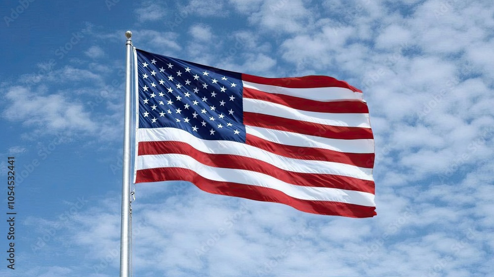 Naklejka premium The flag of the United States flutters in the wind, showcasing its colors and symbols under a bright, clear sky, embodying national pride