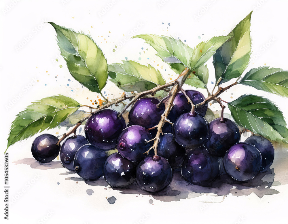 A cluster of dark purple berries with green leaves, painted in a watercolor style A cluster of dark purple berries with green leaves, painted in a watercolor style