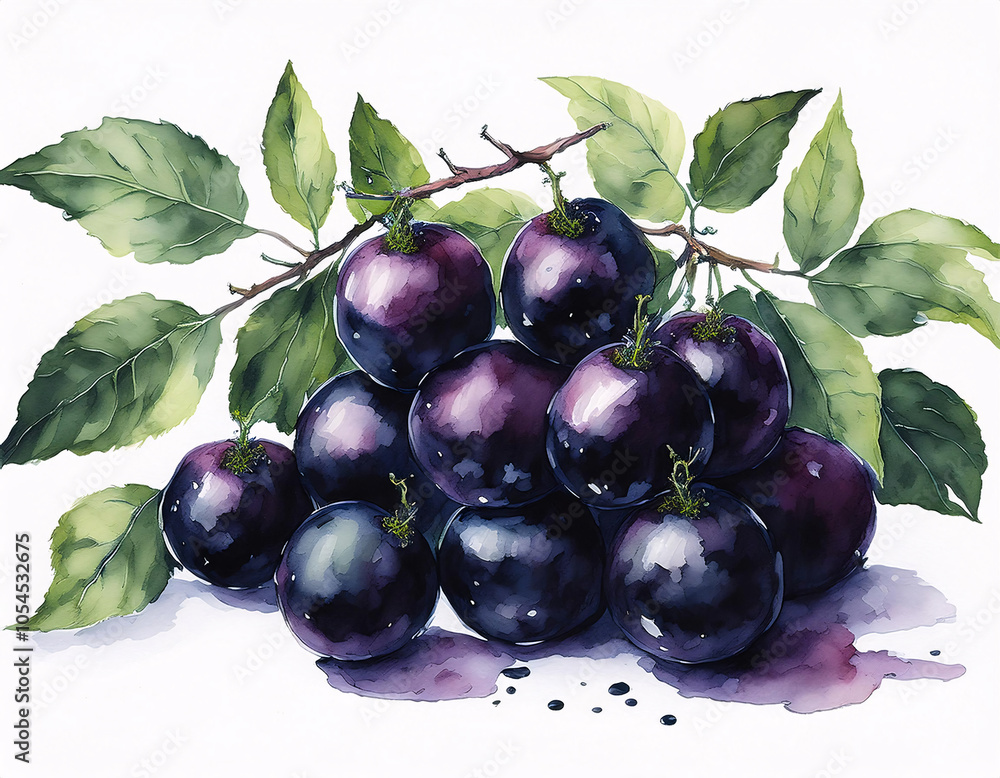 A cluster of dark purple berries with green leaves, painted in a watercolor style A cluster of dark purple berries with green leaves, painted in a watercolor style