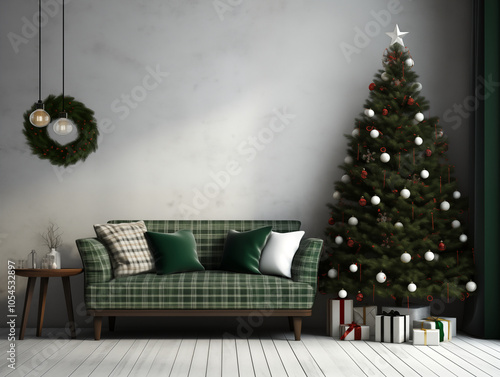 Modern and classic styles inspired scandinavian living room with Christmas tree and Christmas decor and Christmas tartan plaid accents. Festive season interior.
 photo