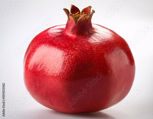 Pomegranate fruit with a shiny red skin and a crown of green leaves on a white background