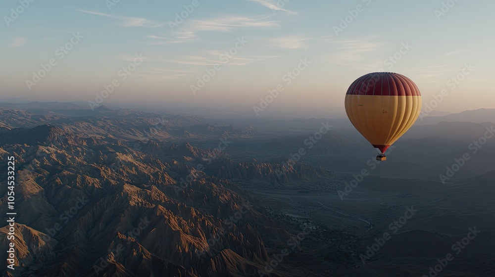 Obraz premium The vibrant hot air balloon ascends into the blue sky above the expansive desert terrain of Wadi Rum, showcasing rugged mountains and sandy vistas