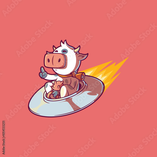 Cow Character on an alien spaceship vector illustration. Mascot, space design concept.