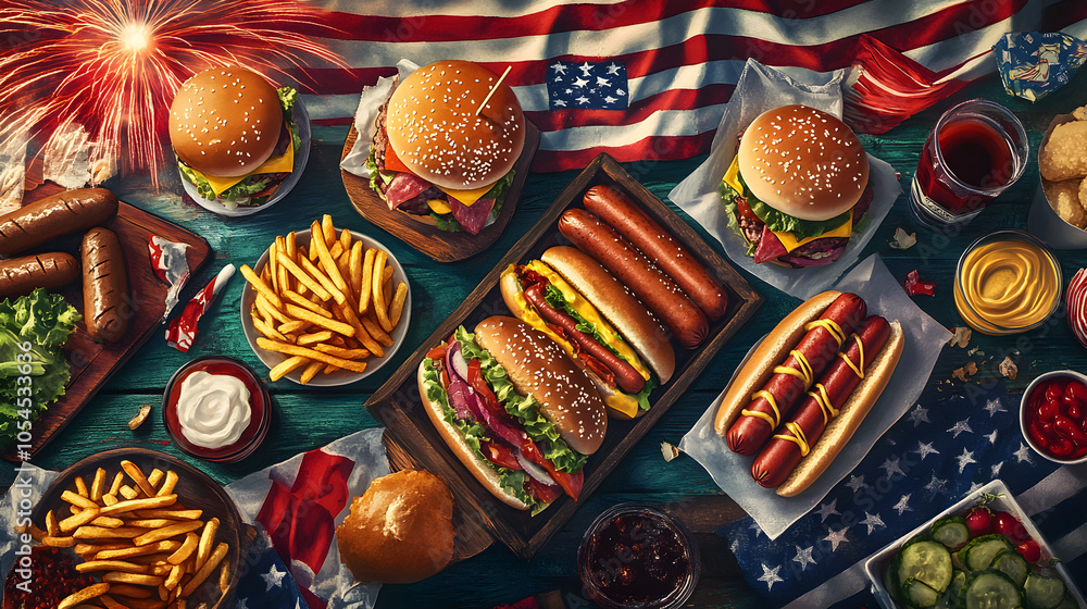 Assorted Fast Food Feast with Burgers, Fries, Onion Rings and Sauces , AI GENERAT Assorted Fast Food Feast with Burgers, Fries, Onion Rings and Sauces , AI GENERAT