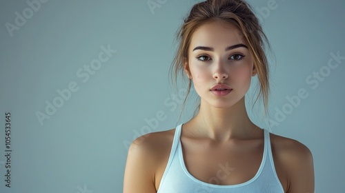 Beautiful woman in white T-shirt Female breast dark background