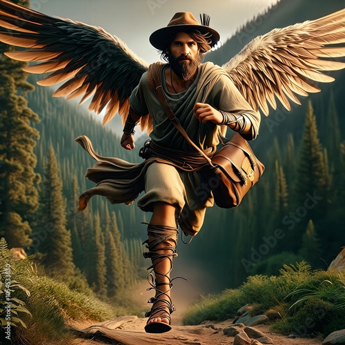 Hermes: Messenger of the Gods soaring with the speed of wind. Swift and cunning Olympian with winged sandals glides over a scenic landscape. Herald of the gods. Generative AI photo