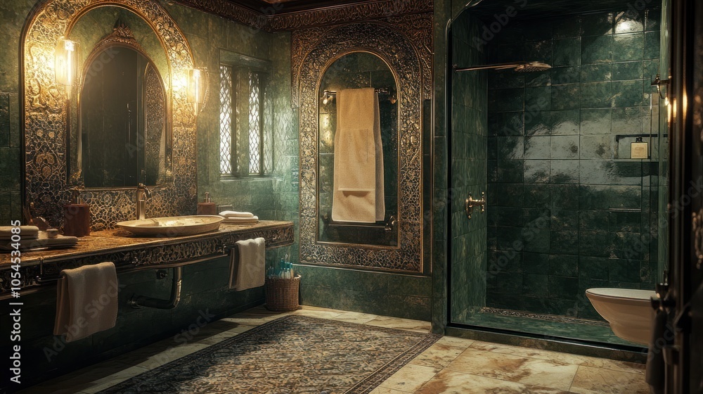 Luxurious bathroom featuring ornate decor, elegant fixtures, and a spacious shower area.
