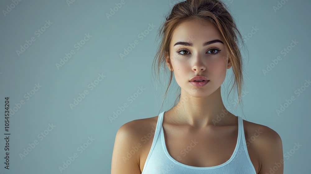 Beautiful woman in white T-shirt Female breast dark background