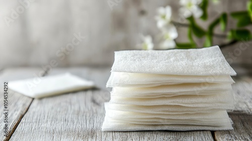 Disposable wipes, commonly used for hygiene purposes, are conveniently packaged in individual sheets. These wipes provide a sanitary and practical solution for personal cleansing. photo