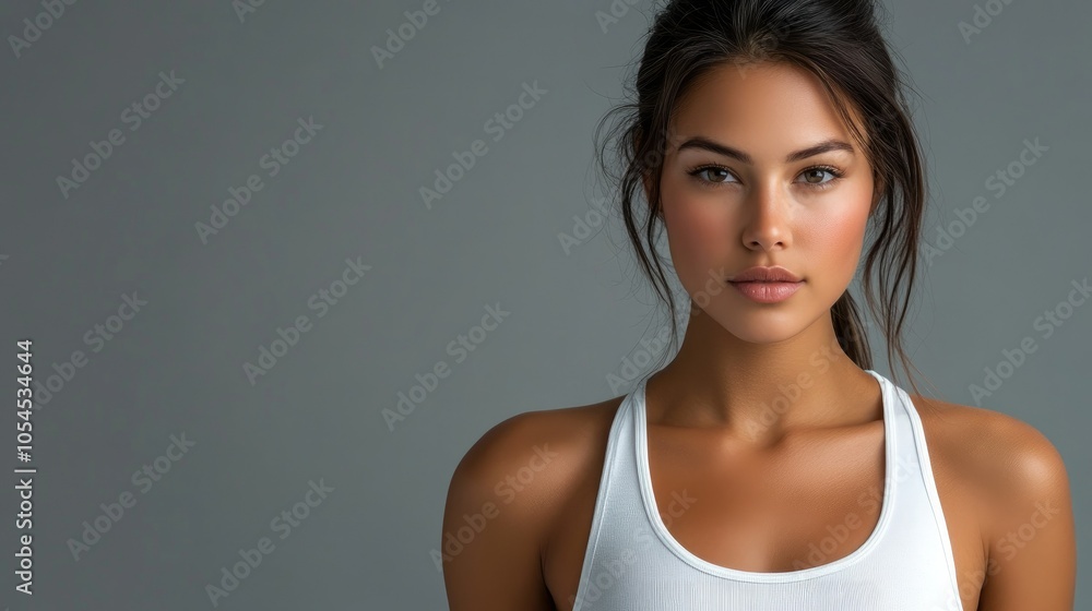 Beautiful woman in white T-shirt Female breast dark background Beautiful woman in white T-shirt Female breast dark background