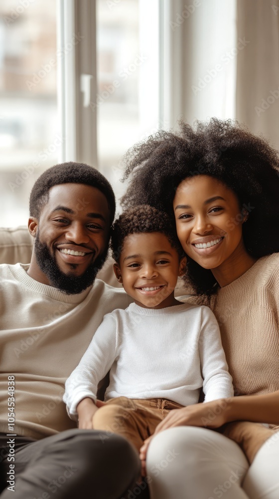 Happy Family Portrait with Smiling Parents and Child in Cozy Living Room Happy Family Portrait with Smiling Parents and Child in Cozy Living Room