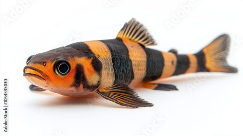 Clown Loach exhibits its vibrant colors and distinct patterns while resting on a white background showcasing its unique features and beauty. photo