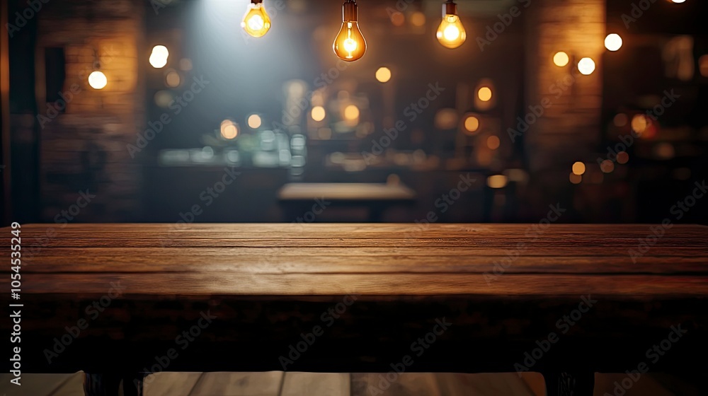 Wood table top on blurred of counter cafe shop with light bulb.Background for montage product display or design key visual layout Wood table top on blurred of counter cafe shop with light bulb.Background for montage product display or design key visual layout