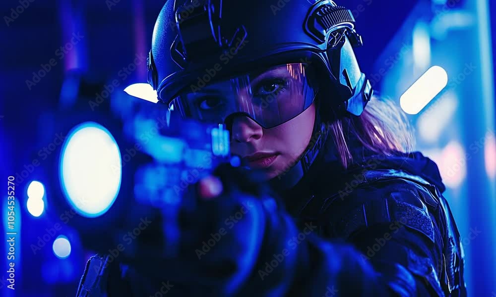A female soldier in full tactical gear aiming a gun with a flashlight attached A female soldier in full tactical gear aiming a gun with a flashlight attached