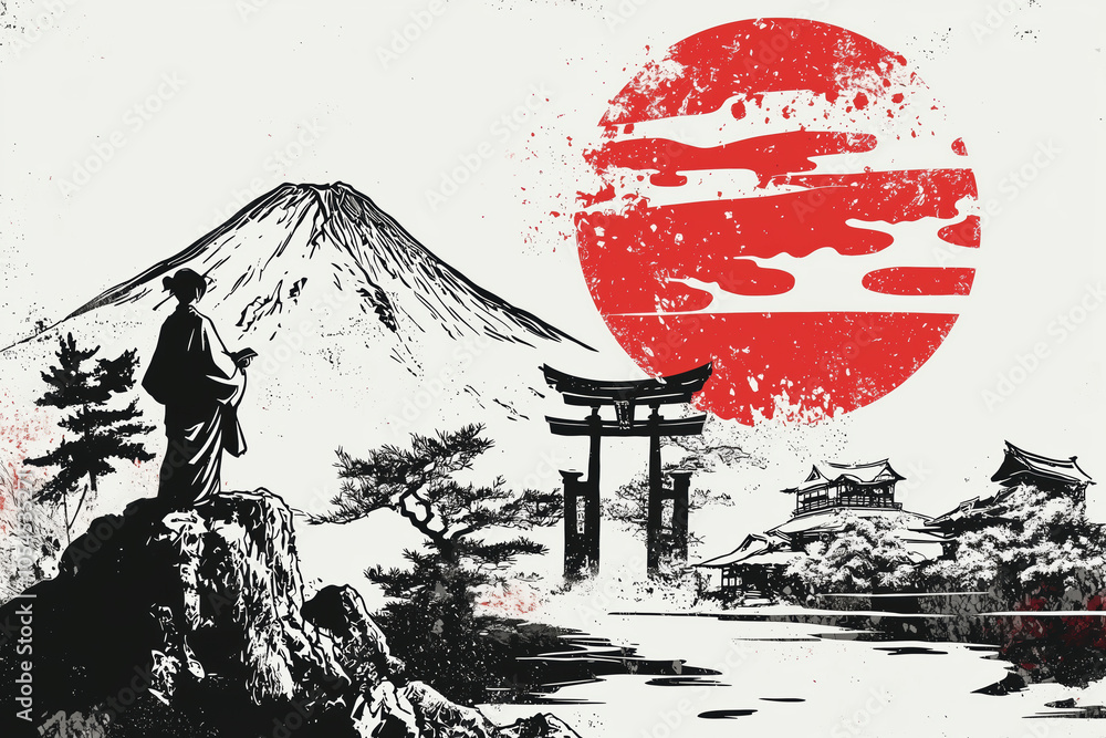 A traditional Japanese scene featuring a samurai standing before Mount Fuji, with a torii gate, temple, and a large red sun in the background. The minimalist, monochromatic style emphasizes Japanese c