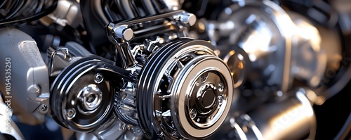 Highly detailed modern car engine captured in silver and black colors, shown from the side.