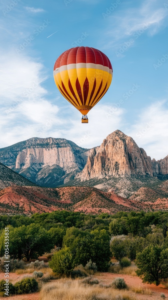 Obraz premium The vibrant hot air balloon ascends into the blue sky above the expansive desert terrain of Wadi Rum, showcasing rugged mountains and sandy vistas