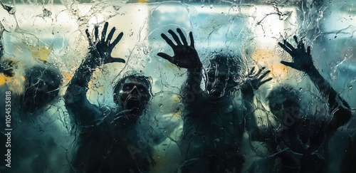 Obraz na płótnie A group of terrifying zombies is seen pressing against a cracked car window, their hands and faces smeared with blood, trying to break through. The chaotic scene is filled with desperation and horror. w salonie