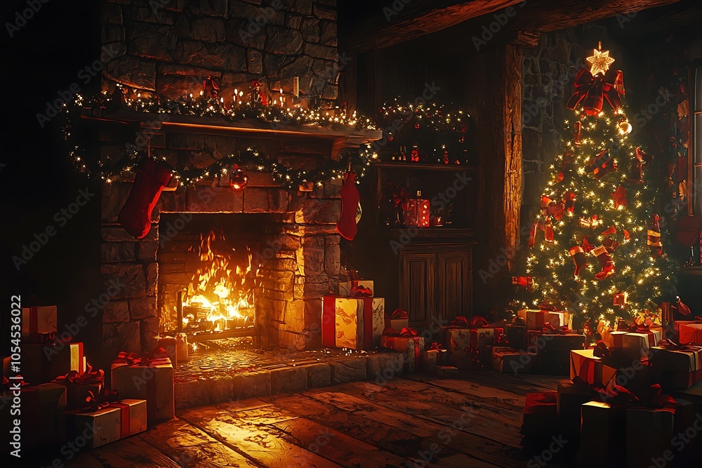 Interior Christmas. Magic glowing tree, fireplace gifts in dark. Interior Christmas. Magic glowing tree, fireplace gifts in dark.