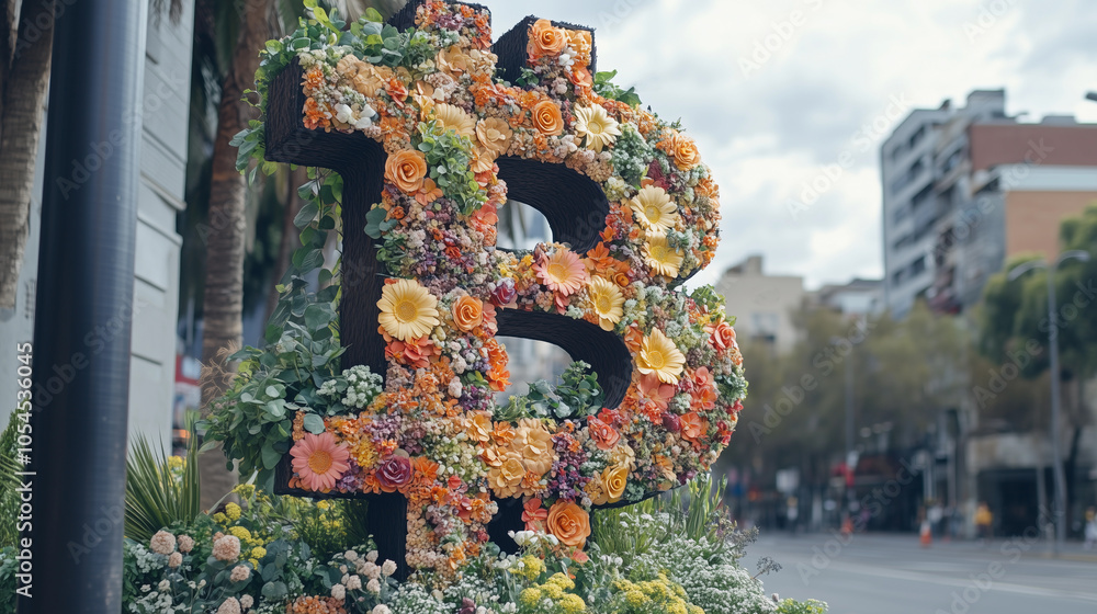 handcrafted Bitcoin monument with plants and floral arrangements, emphasizing the concept of cryptocurrencies and digital finance in the context of technological investment and blockchain technology