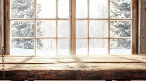 wooden table at windows in snow day