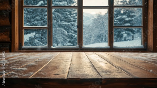 wooden table at windows in snow day