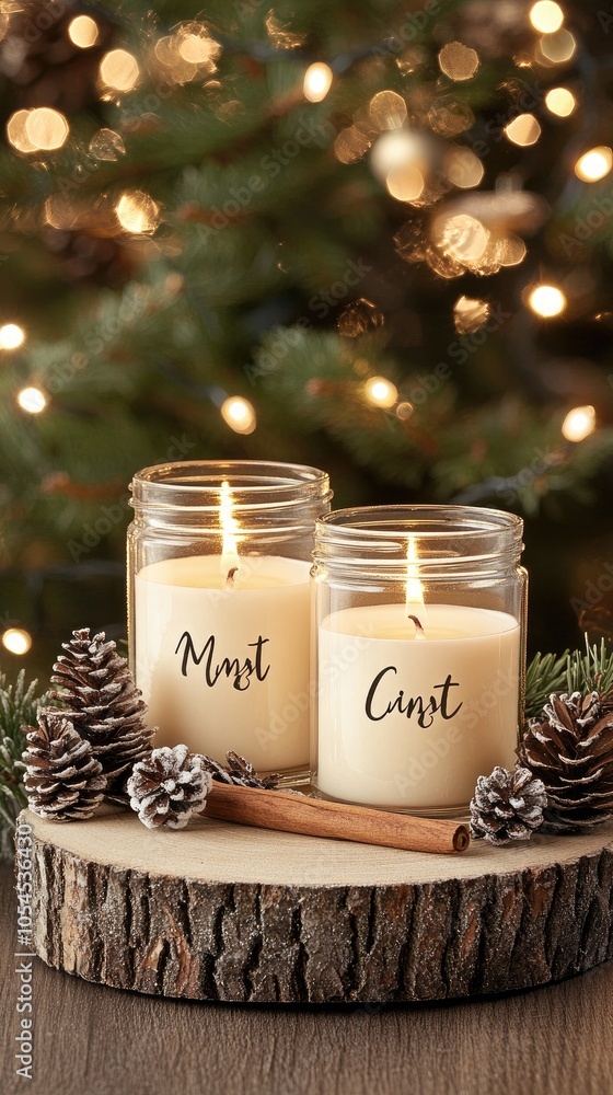 Two glowing candles sit on a wooden slice, flanked by pinecones and cinnamon sticks, creating a warm atmosphere amidst decorative greenery on a winter evening Two glowing candles sit on a wooden slice, flanked by pinecones and cinnamon sticks, creating a warm atmosphere amidst decorative greenery on a winter evening