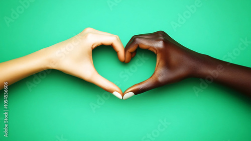 Two hands forming a heart shape together against a vibrant green background, symbolizing unity and love