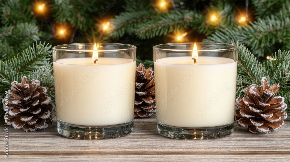Two glowing candles sit on a wooden slice, flanked by pinecones and cinnamon sticks, creating a warm atmosphere amidst decorative greenery on a winter evening Two glowing candles sit on a wooden slice, flanked by pinecones and cinnamon sticks, creating a warm atmosphere amidst decorative greenery on a winter evening