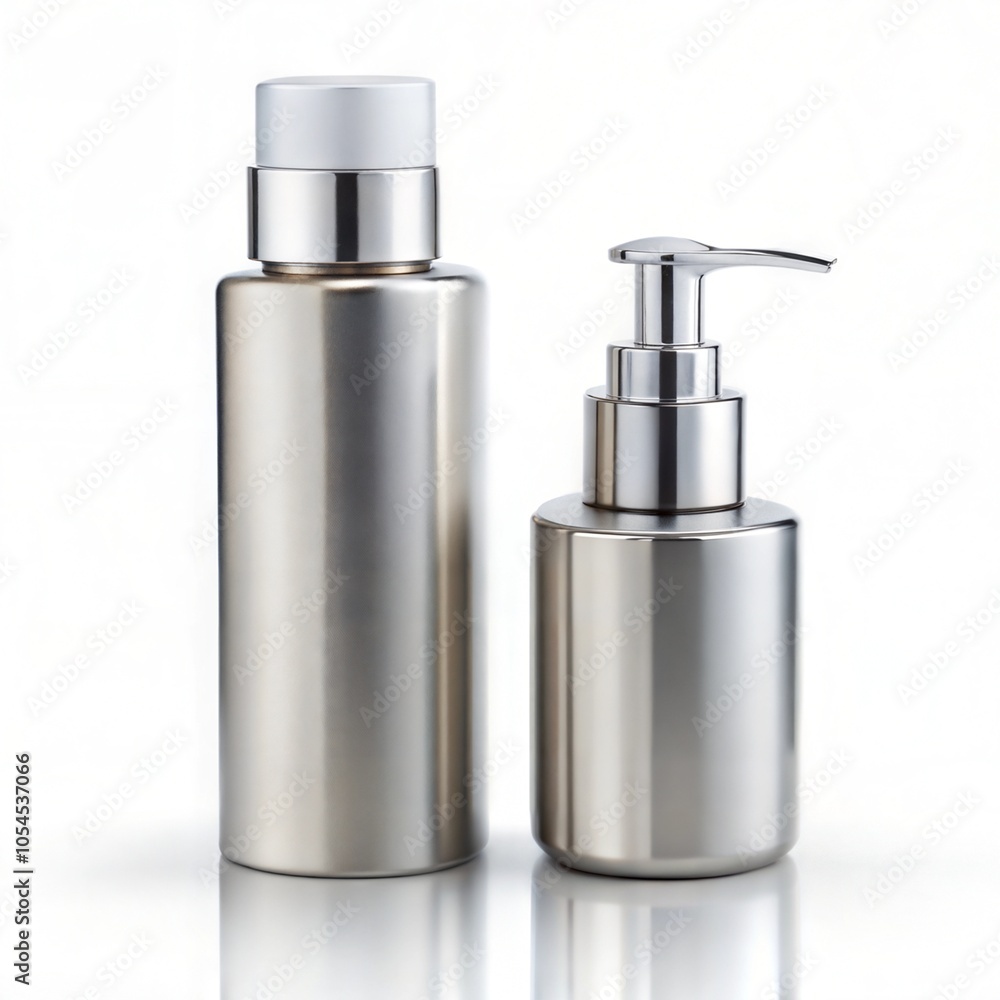 Sleek metallic skincare bottles with pump and screw caps on white background Sleek metallic skincare bottles with pump and screw caps on white background