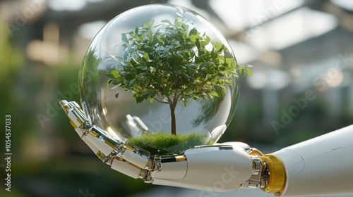 A Fascinating Fusion of Nature and Technology: A Robot Hand Holding a Tree in a Glass Sphere, Symbolizing Environmental Care and Futurism. photo