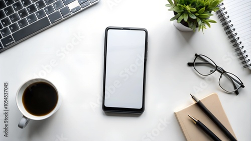 Smartphone mockup with blank screen on minimalist desk setup