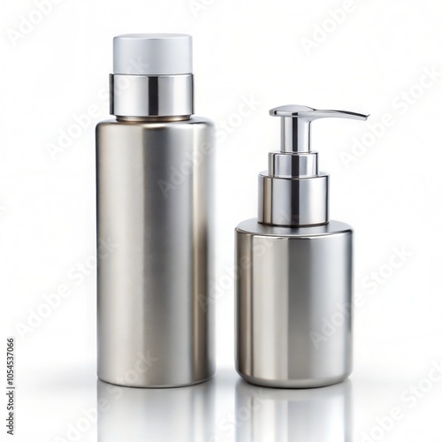 Sleek metallic skincare bottles with pump and screw caps on white background