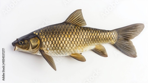 grass carp scientifically known Ctenopharyngodon idella rests on a pristine white surface highlighting its scale patterns and physical details effectively for study or presentation.