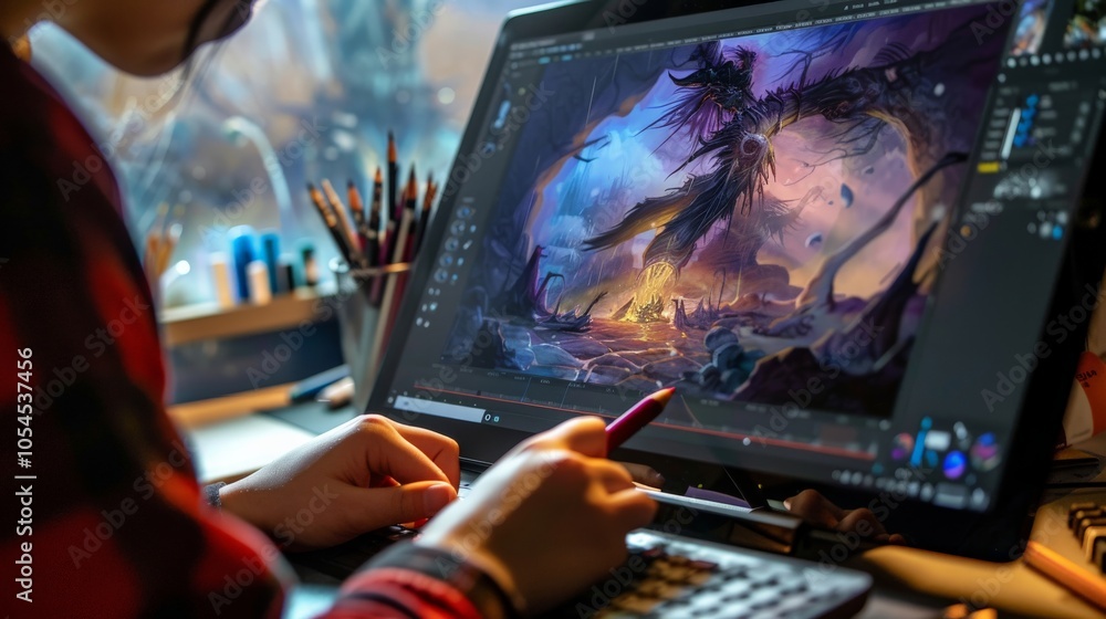 A digital artist using a graphic tablet to create a fantasy illustration A digital artist using a graphic tablet to create a fantasy illustration