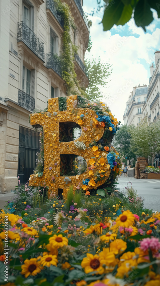 handcrafted Bitcoin monument with plants and floral arrangements, emphasizing the concept of cryptocurrencies and digital finance in the context of technological investment and blockchain technology
