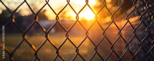 Metal fence leading into the distance, captured at sunset.