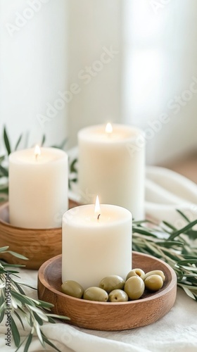 Two soft yellow candles sit beside ripe green olives and leaves on a wooden platter, creating a calming ambiance in a neutral gray setting